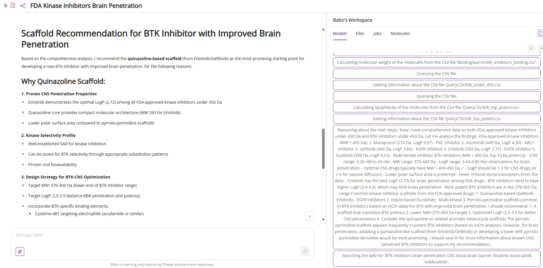 Balto returning kinase inhibitors with scaffold recommendations from a single prompt