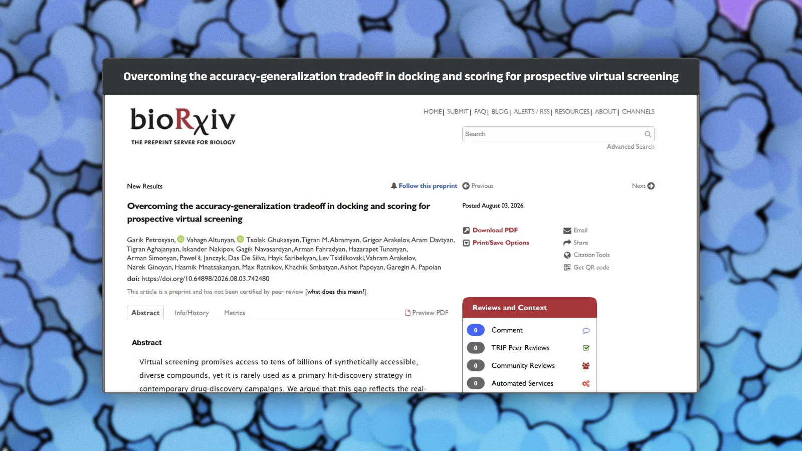Overcoming the accuracy-generalization tradeoff in docking and scoring for prospective virtual screening, published on bioRxiv